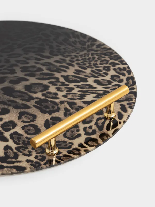 Поднос, 35 см, с ручками, стекло/сталь, круглый, коричневый, Леопард, Leopard, image-2