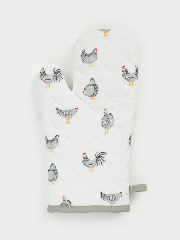 Прихватка-варежка, 17x33 см, хлопок, белая, Курочки, Poultry, image-0