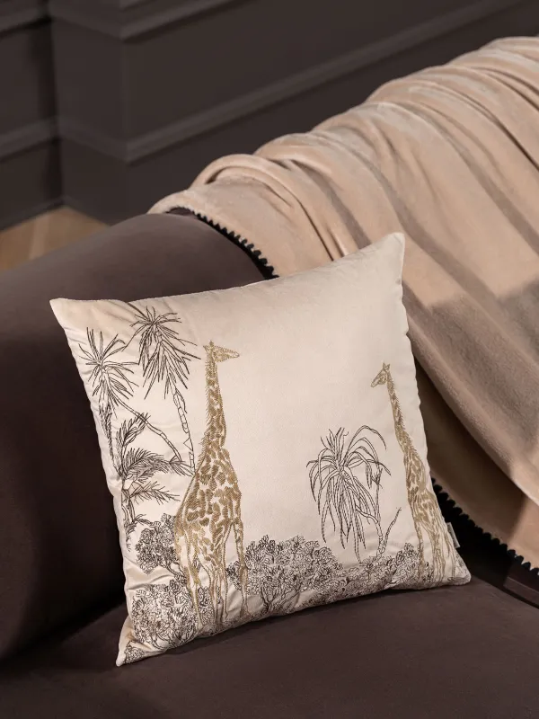 Подушка декоративная, 45х45 см, вельвет, песочная, Жирафы, Tropical oasis, image-2