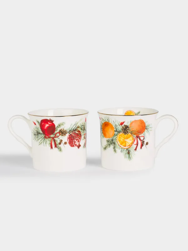 Кружка, 300 мл, 2 шт, фарфор F, белая, Апельсины/Гранаты, Christmas miracle, image-1