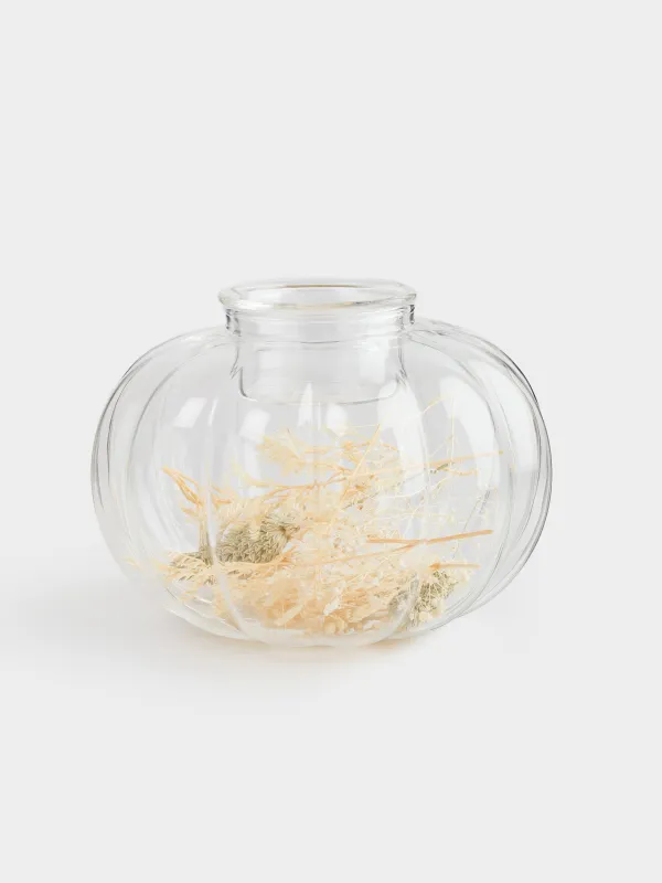 Подсвечник, 13х10 см, для чайной свечи, стекло Б, с сухоцветами и листьями, Тыква, Decor candle, image-1