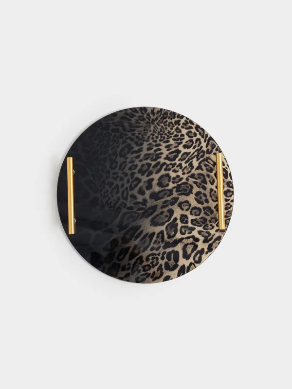 Поднос, 35 см, с ручками, стекло/сталь, круглый, коричневый, Леопард, Leopard, image-4