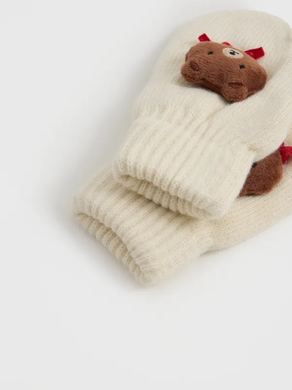 Варежки детские, единый размер, в рубчик, акрил/полиэстер, молочные, Мишка, Warm kids, image-3