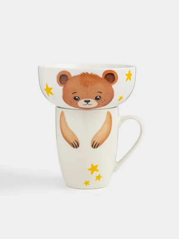 Набор посуды, детский, 1 перс, 2 пр, фарфор N, белый, Медвежонок и звезды, Little friend, image-0