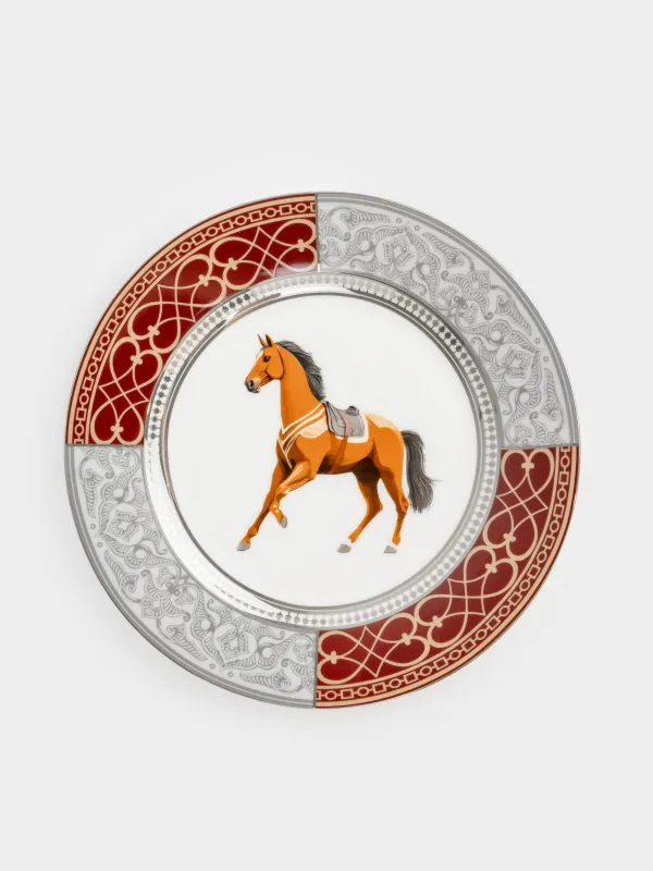 Тарелка закусочная, 21 см, фарфор F, бело-бордовая, с серебристым кантом, Лошадь, Breton horse, image-0