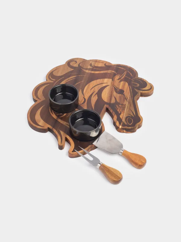 Набор для сыра, 5 пр, доска-блюдо/пиала, сталь/керамика/дерево, Лошадь, Noble tree, image-0