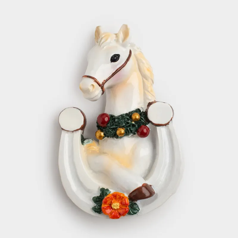 Магнит, 9 см, полирезин, молочный, Лошадка и подкова, Horse christmas
