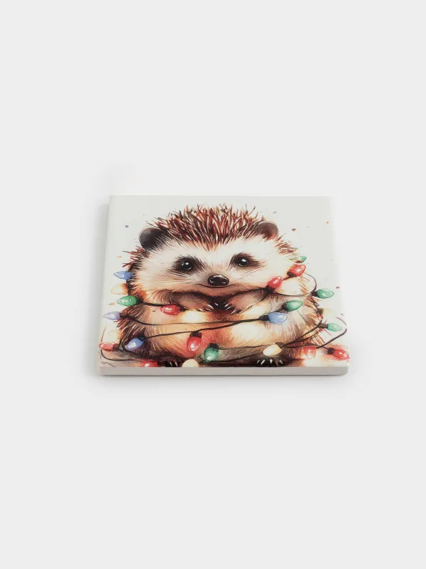 Подставка под кружку, 11х11 см, квадратная, керамика/пробка, белая, Ежик, Hedgehog christmas, image-1