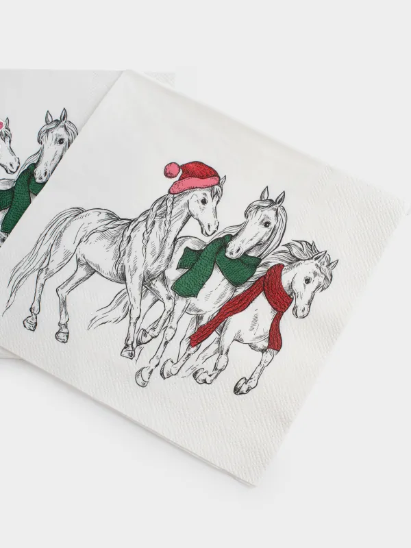 Салфетки бумажные, 33х33 см, 20 шт, квадратные, белые, Лошади в шарфах, Horse trio, image-3