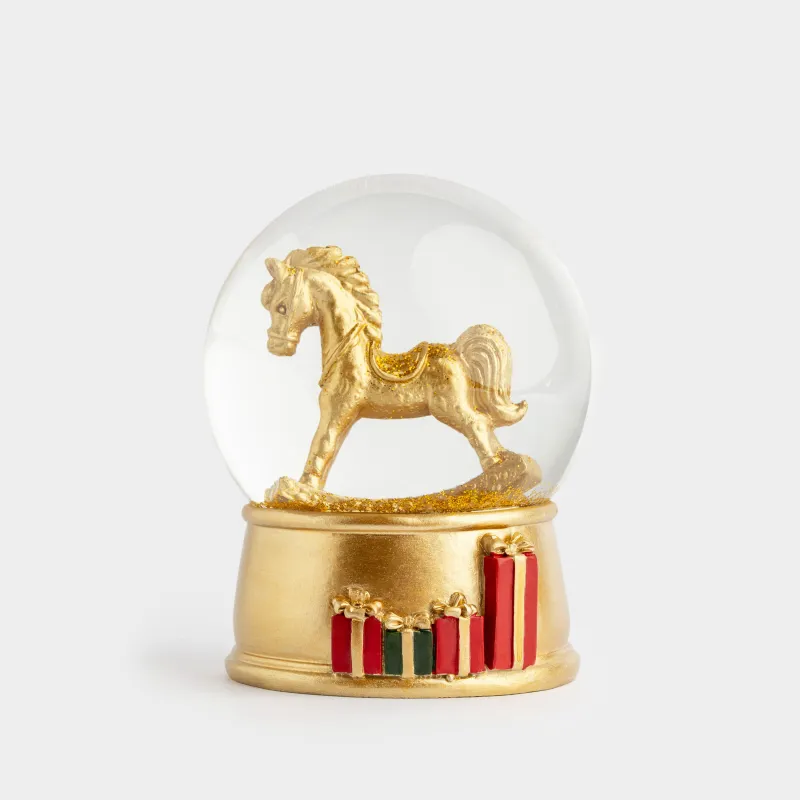 Снежный шар, 10 см, с подсветкой, стекло/полирезин, золотистый, Лошадка-качалка, Golden style