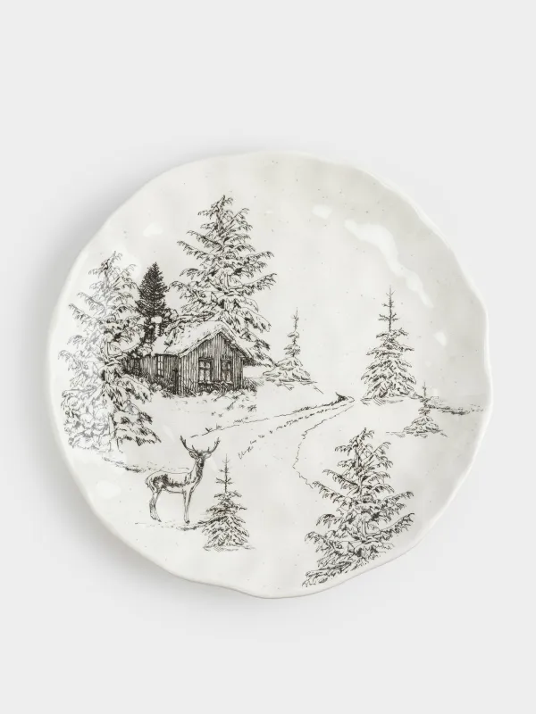 Тарелка обеденная, 28 см, керамика, белая, Олень у дома в лесу, Crumple print, image-0
