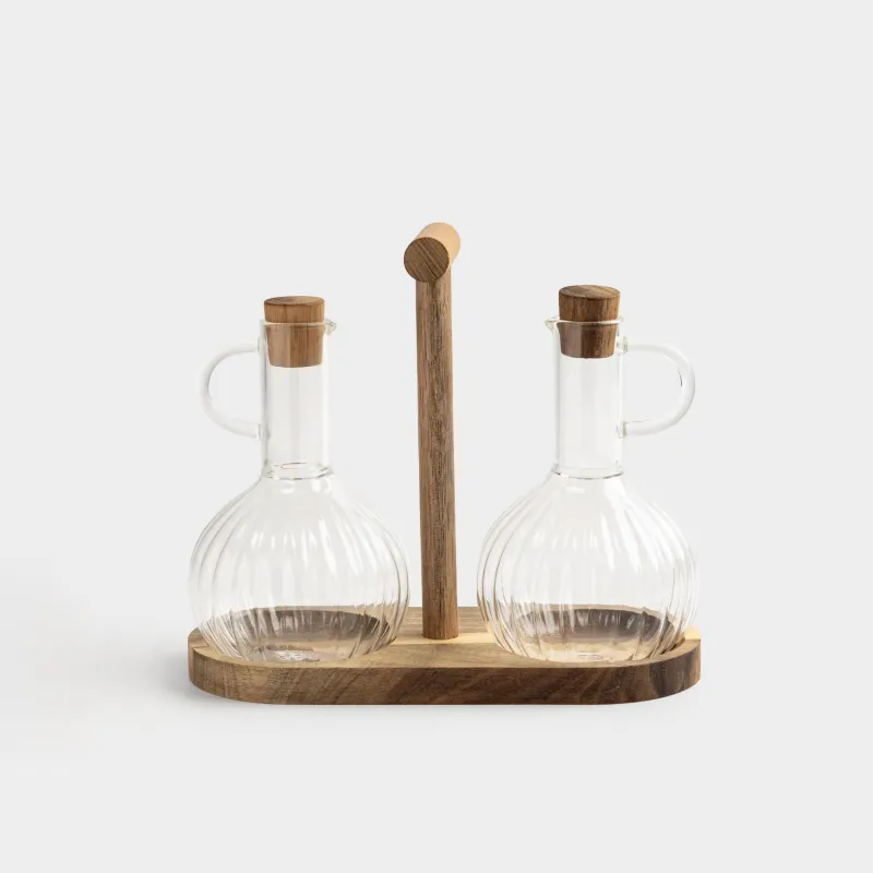 Набор для масла и уксуса, 300 мл, 2 шт, на подставке, стекло/дерево, Noble tree