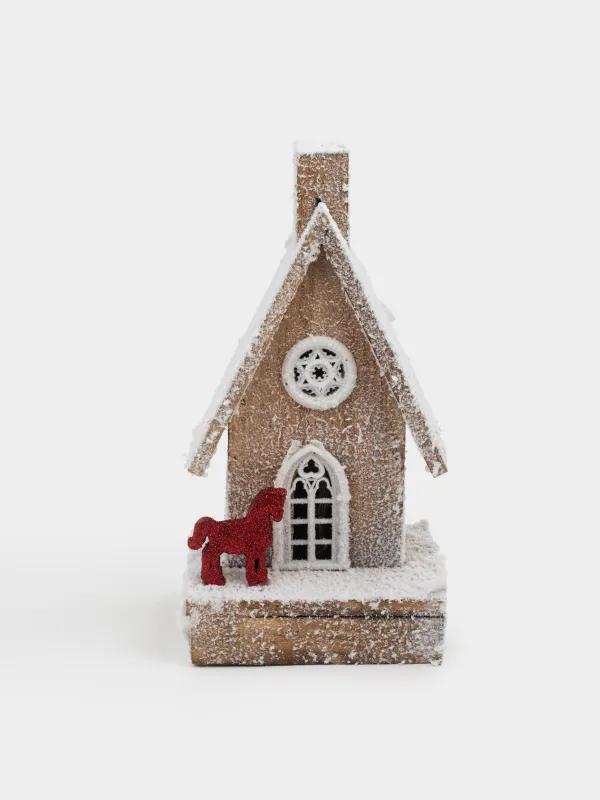 Статуэтка с подсветкой, 14х26 см, дерево, Заснеженный домик с лошадкой, Touch winter, image-0
