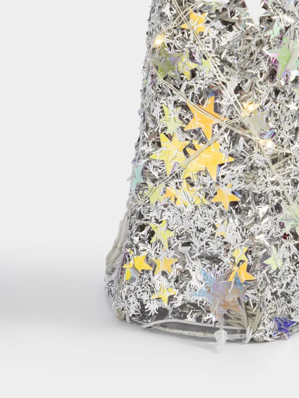 Ель-конус, 20 см, с подсветкой, полиэстер/металл, серебристая, Звезды, Frosty sparks, image-1