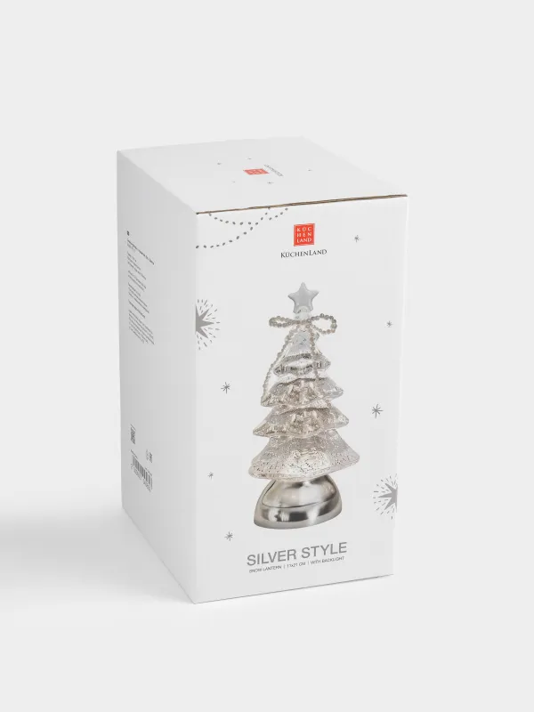 Снежный фонарь, 21 см, с подсветкой, пластик, серебристый, Ель с бантом, Silver style, image-4