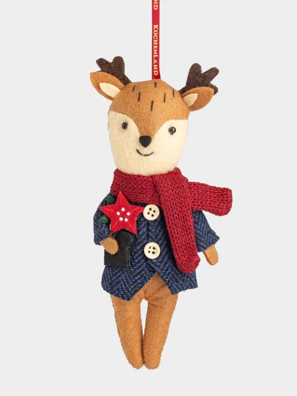 Игрушка елочная, 15 см, мягкая, полиэстер, бежево-красная, Олень в костюме, Deer christmas, image-0