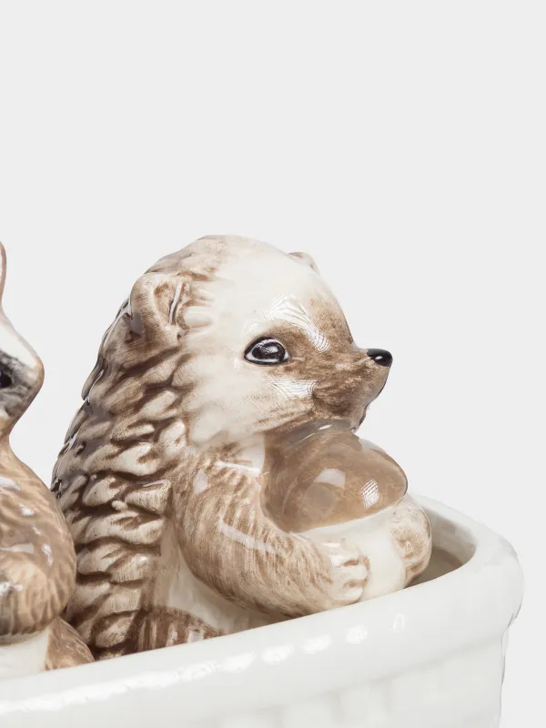 Набор для соли и перца, 13 см, на подставке, керамика, молочно-серый, Енот и еж, Slight frost, image-1