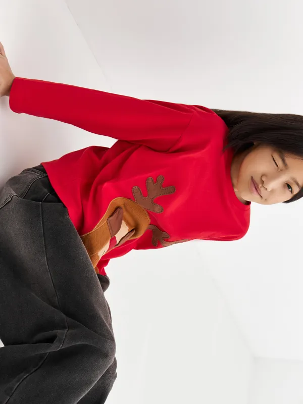 Лонгслив детский, хлопок, красный, Олень, Amelia, image-11