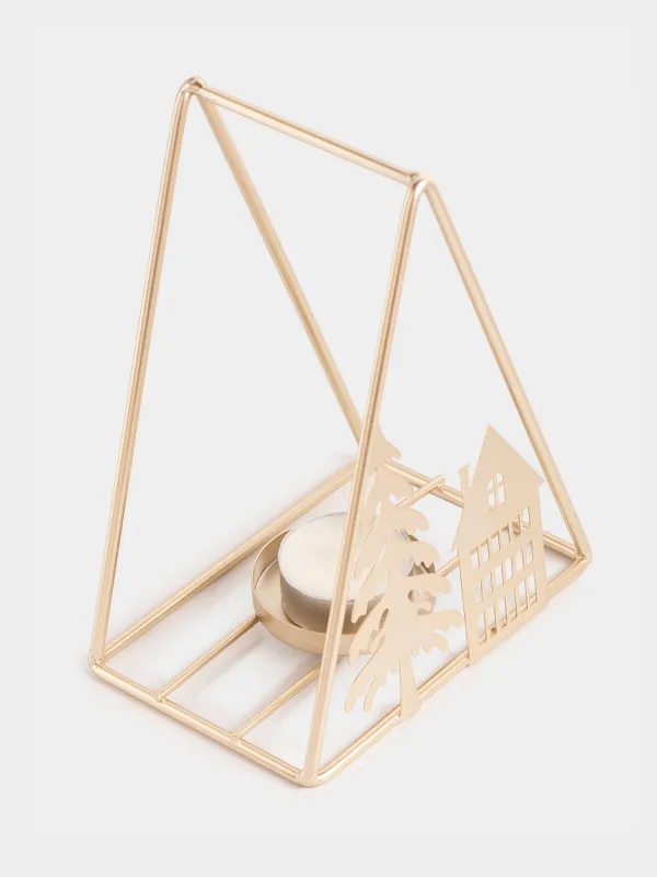 Подсвечник, 13х16 см, для чайной свечи, металл/стекло, шампань, Елка и домик, Champagne style, image-3