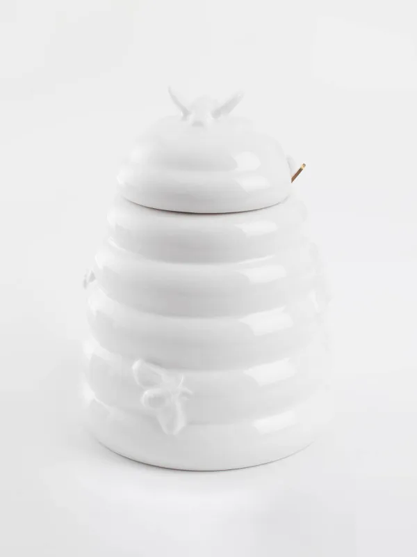 Банка для меда, 650 мл, с ложкой, керамика/сталь, молочная, Пчелы, Honey, image-0