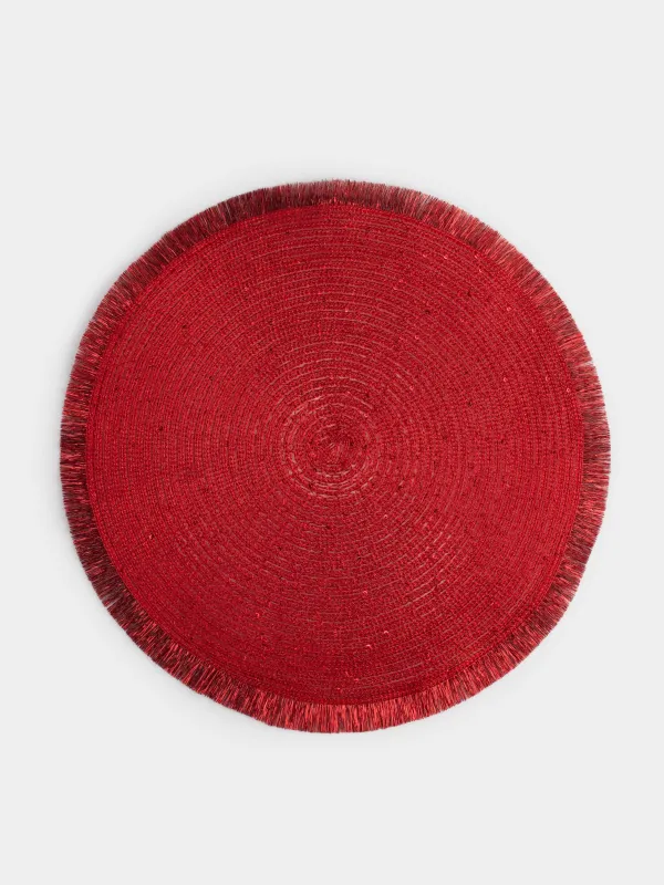 Салфетка под приборы, 38 см, с бахромой и пайетками, полиэстер, круглая, красная, Rotary shine, image-0