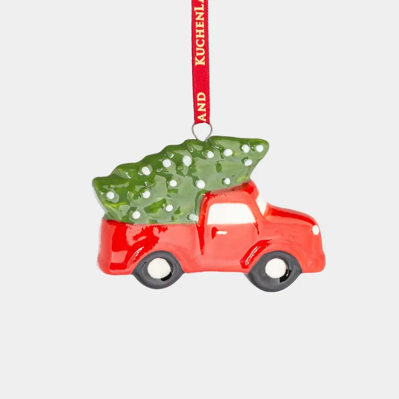 Игрушка елочная, 7 см, фарфор P, красно-зеленая, Машина с елкой, Red car