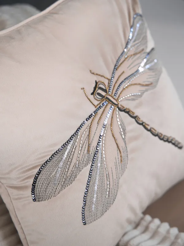 Подушка декоративная, 45х45 см, вельвет/бисер, бежевая, Стрекоза, Dragonfly, image-3