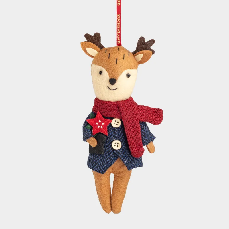 Игрушка елочная, 15 см, мягкая, полиэстер, бежево-красная, Олень в костюме, Deer christmas