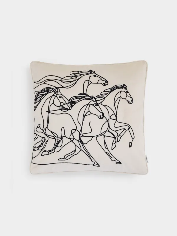 Подушка декоративная, 45х45 см, вельвет, молочно-черная, Лошади, Velvet, image-0