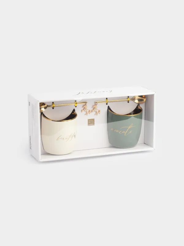 Кружка, 380 мл, 2 шт, с ложками, фарфор N/сталь, молочная/зеленая, Beautiful/Moments, Scroll, image-7