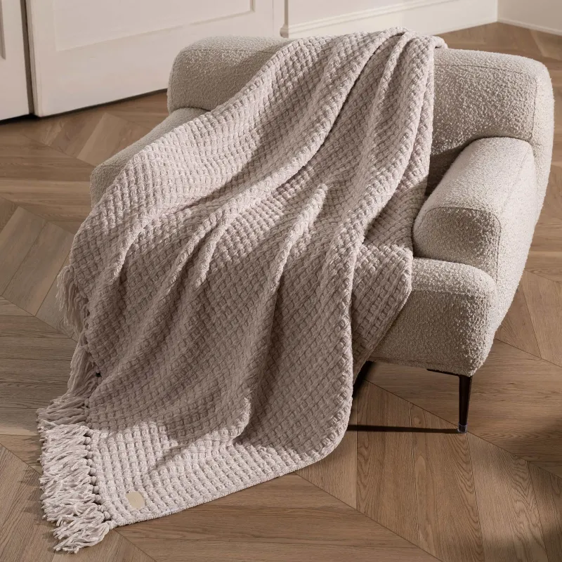 Плед, 130х160 см, с бахромой, шенилл, молочный, Chenill