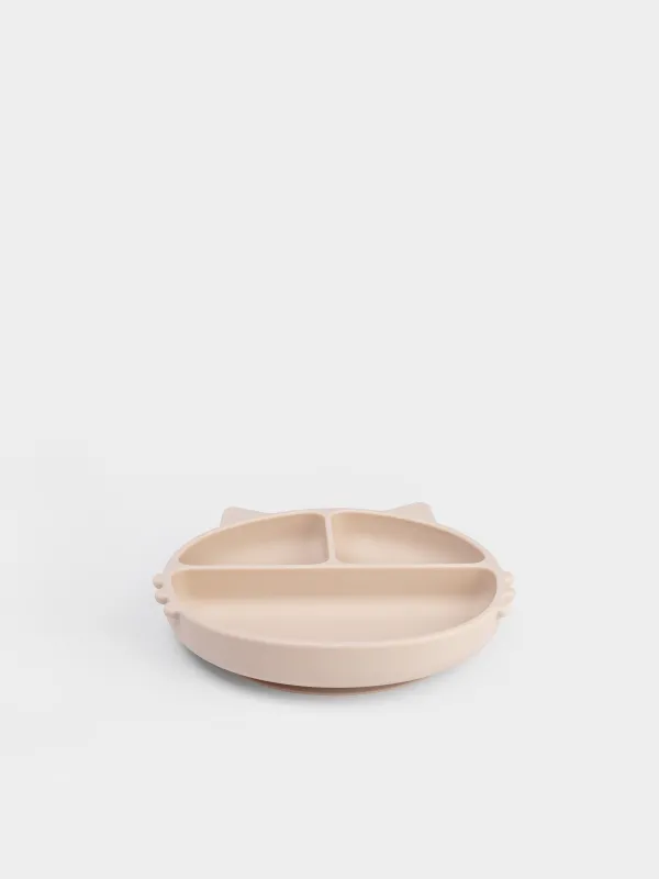 Тарелка обеденная, детская, 19х20 см, 3 отд, на присоске, силикон, бежевая, Котик, Kiddy, image-2