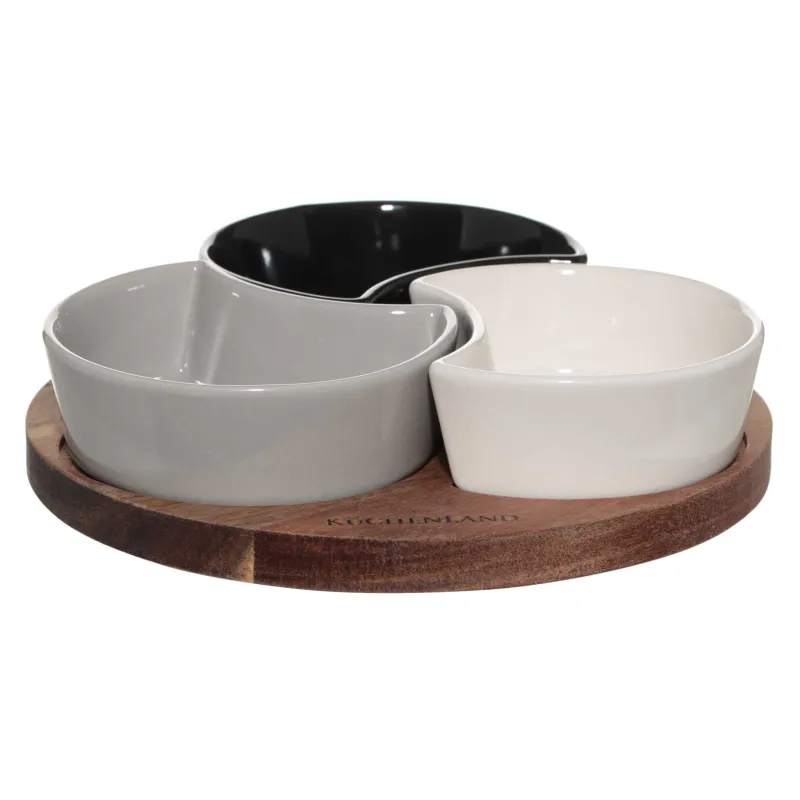 Набор для закусок, 3 пр, на подставке, керамика/дерево, Noble tree