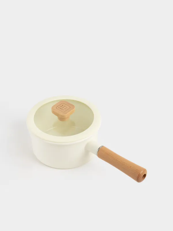 Ковш, 16 см, 1,6 л, с крышкой, металл эмалированный/дерево, молочный, Enamel wood, image-2