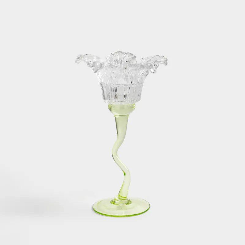 Подсвечник, 21 см, для чайной/тонкой свечи, на ножке, стекло Р, зеленая ножка, Цветок, Fleur color