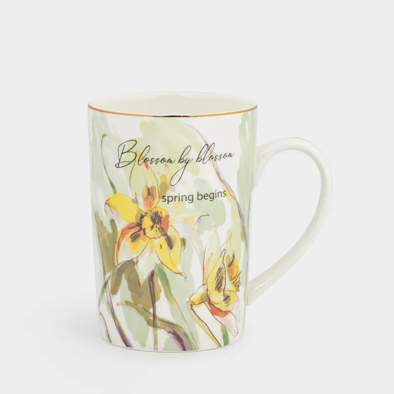 Кружка, 450 мл, фарфор F, белая, с золотистым кантом, Нарциссы, Bloome