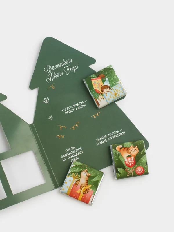 Открытка подарочная, 20х15 см, 15 гр, с шоколадом, бумага, Елочка с пожеланиями, Christmas, image-4