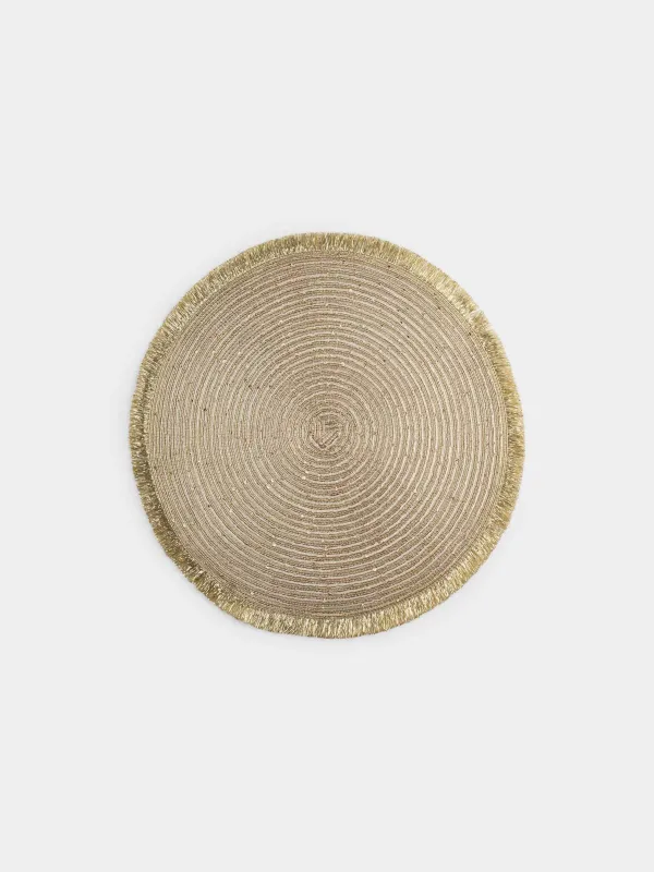 Салфетка под приборы, 38 см, с бахромой и пайетками, полиэстер, круглая, золотистая, Rotary shine, image-0