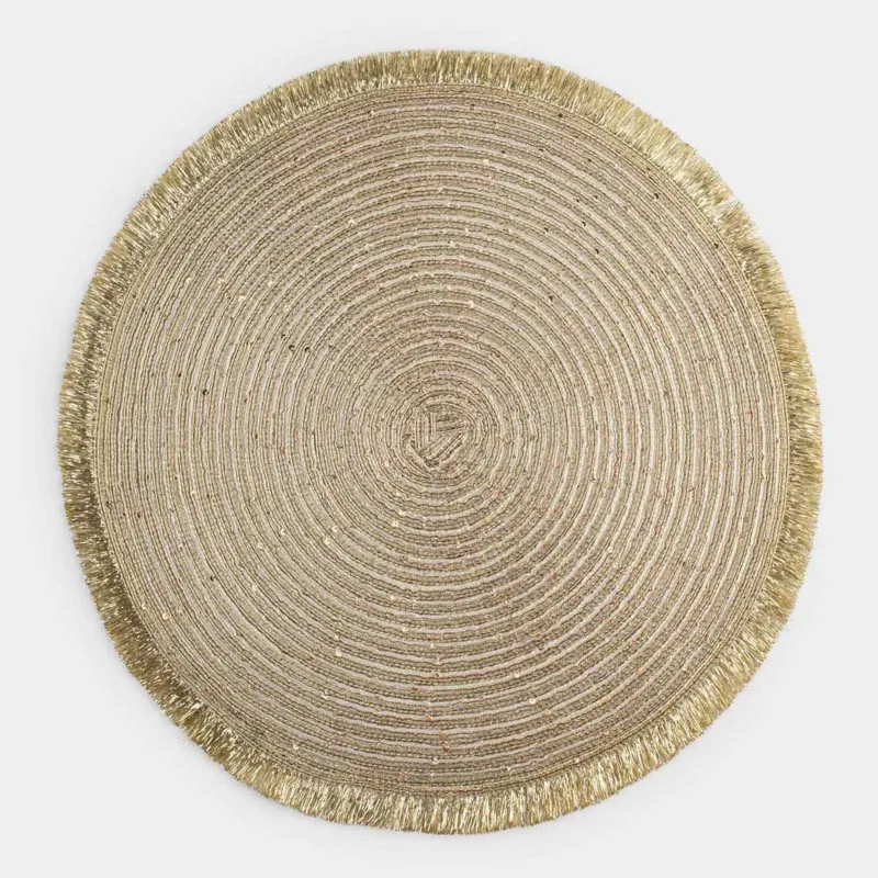 Салфетка под приборы, 38 см, с бахромой и пайетками, полиэстер, круглая, золотистая, Rotary shine