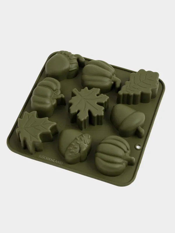 Форма для выпечки кексов, 17x17 см, 9 отд, силикон, зеленая, Осенние мотивы, Bakery, image-4