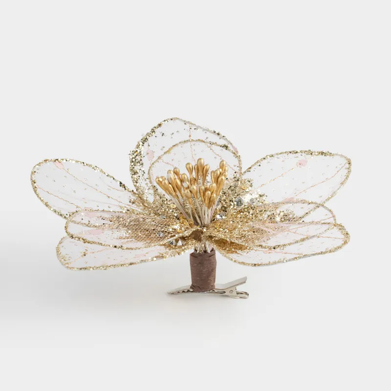 Украшение декоративное, 18 см, на клипсе, полиэстер/пенопласт, золотистое, Цветок, Figure sparkle