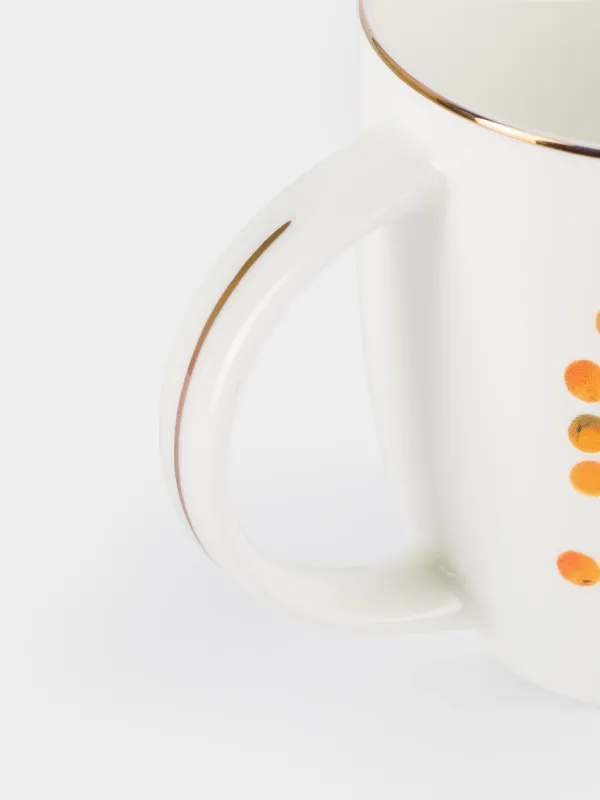 Кружка, 400 мл, фарфор F, белая, с золотистым кантом, Кот с мандаринами, Christmas cat, image-4