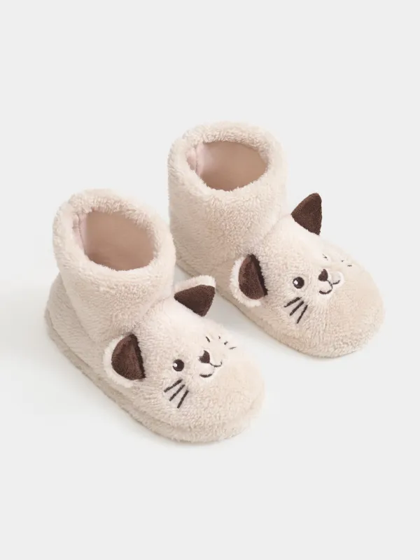 Тапочки детские, домашние, высокие, флис/полиэстер, бежевые, Кот, Funny cat, image-4