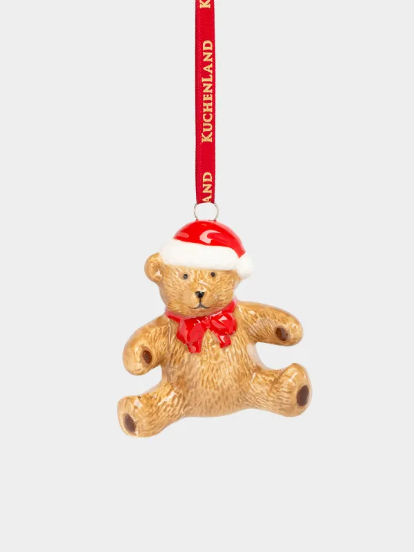 Игрушка елочная, 6 см, керамика, коричневая, Мишка с бантом, Figure christmas, image-0