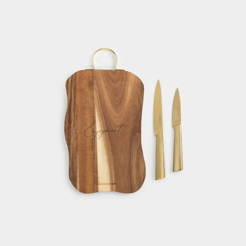 Доска разделочная, 19х34 см, с ручкой, с ножами, дерево/сталь, фигурная, Enjoyment, Noble tree