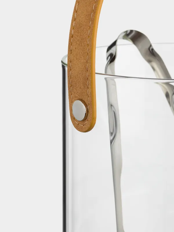 Ведро для льда, 14 см, с ручкой и щипцами, стекло/искусственная кожа, Clear devo, image-3