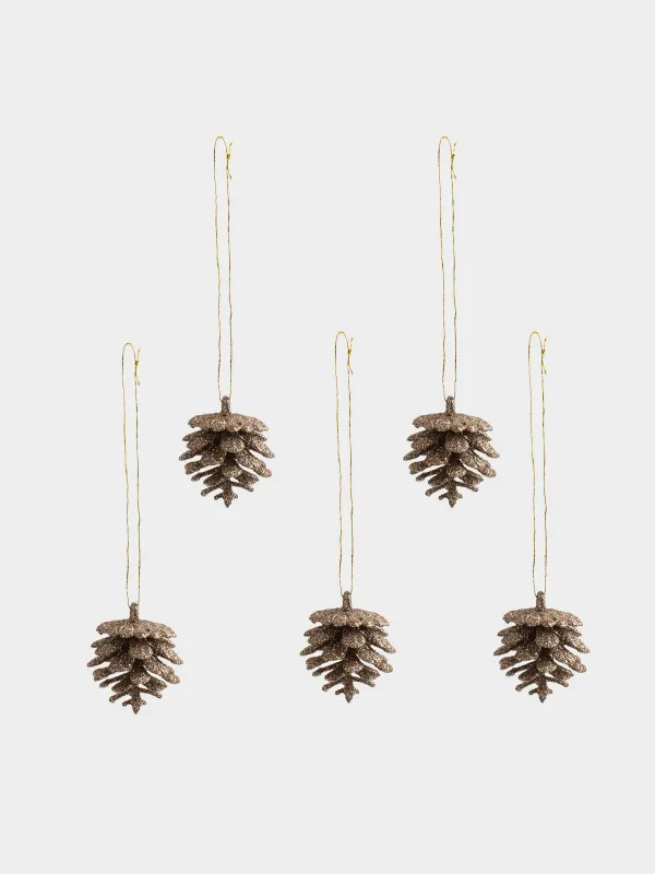 Игрушка елочная, 4 см, 6 шт, пластик, с блестками, бронзовая, Шишка, Pine christmas, image-1