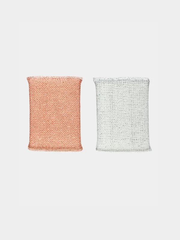 Губка для мытья посуды, 13х9 см, 2 шт, дакрон/поролон, золотистая/серебристая, Clean, image-0