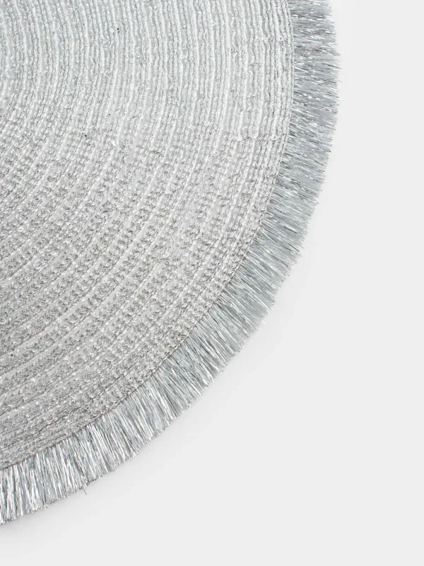 Салфетка под приборы, 38 см, с бахромой и пайетками, полиэстер, круглая, серебристая, Rotary shine, image-2