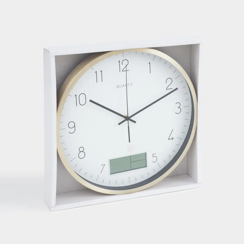 Часы настенные, 35 см, с дисплеем, металл/стекло, круглые, золотисто-белые, Dial, image-6